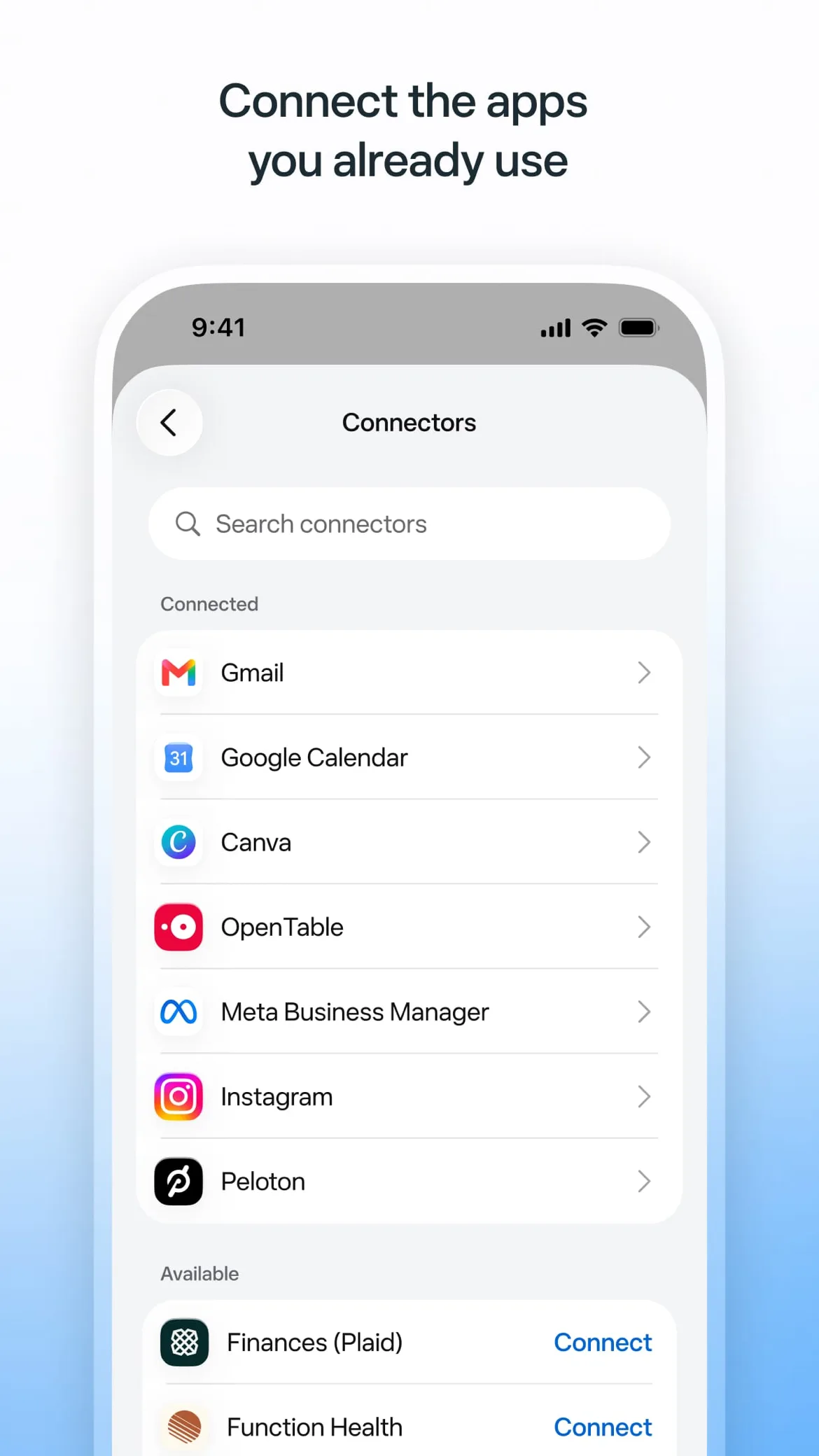 Muse connectors list with Gmail, Calendar, Canva and Instagram