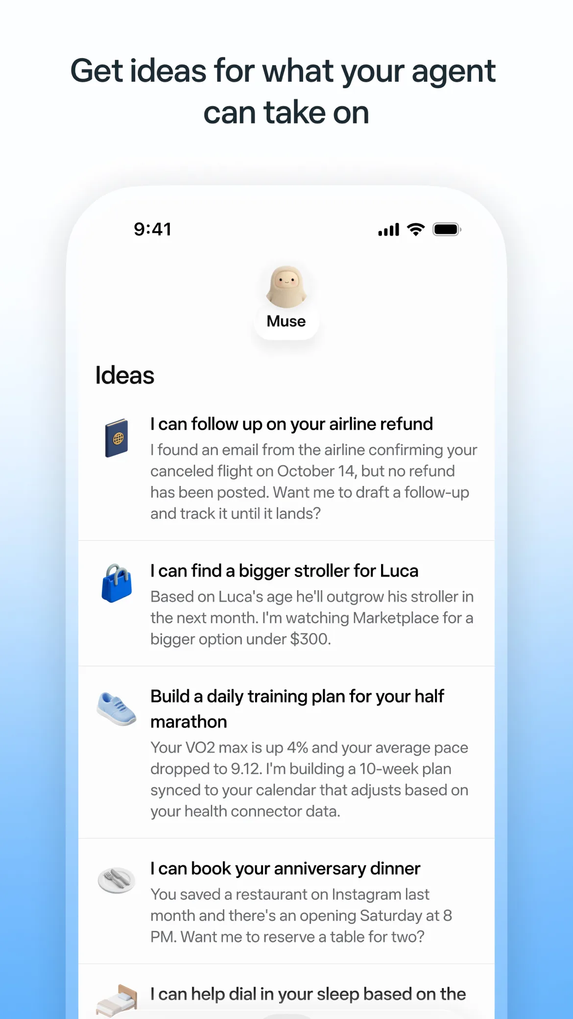 Muse Ideas panel suggesting follow-ups from email and health data