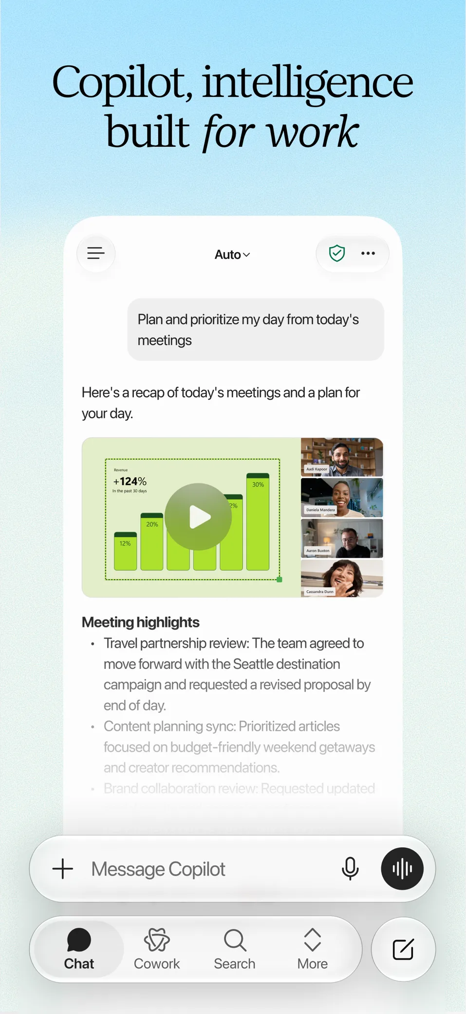 Copilot chat recapping meetings and planning the day