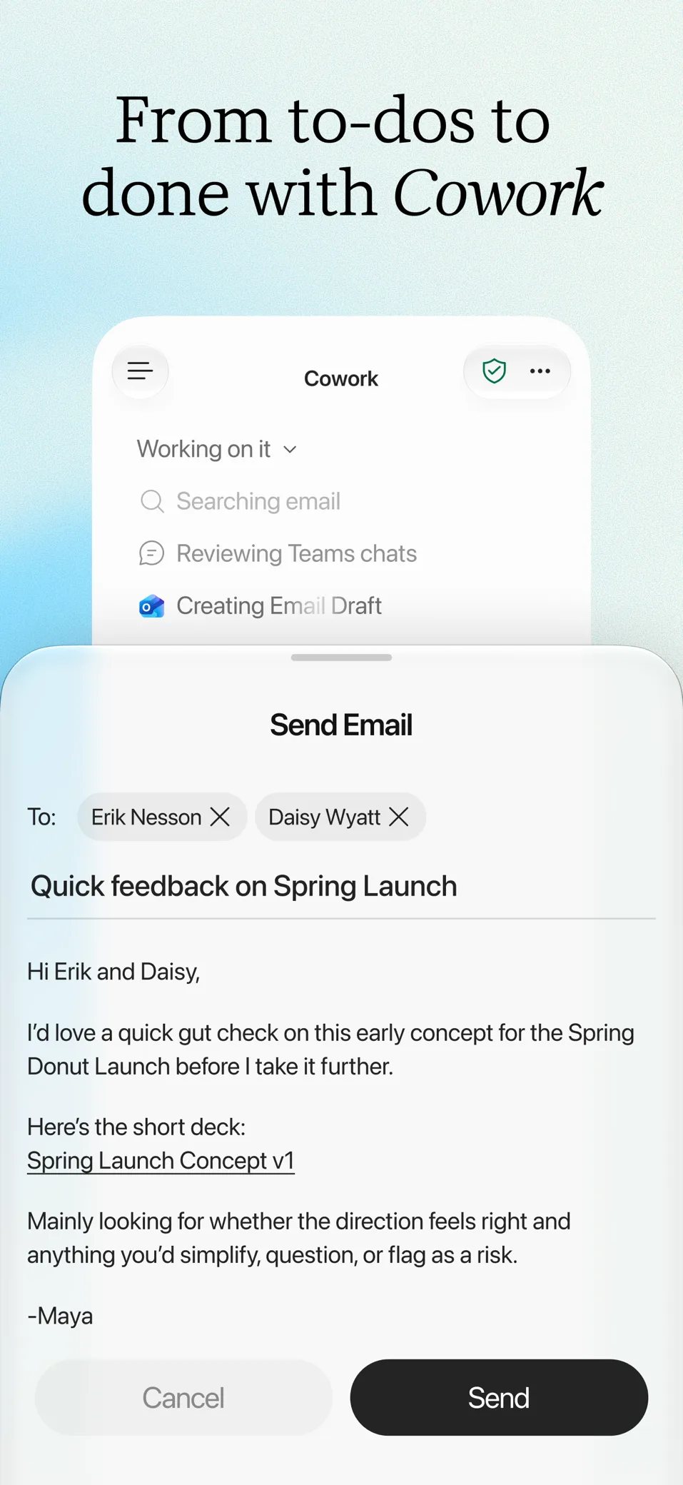 Copilot Cowork drafting and sending an email