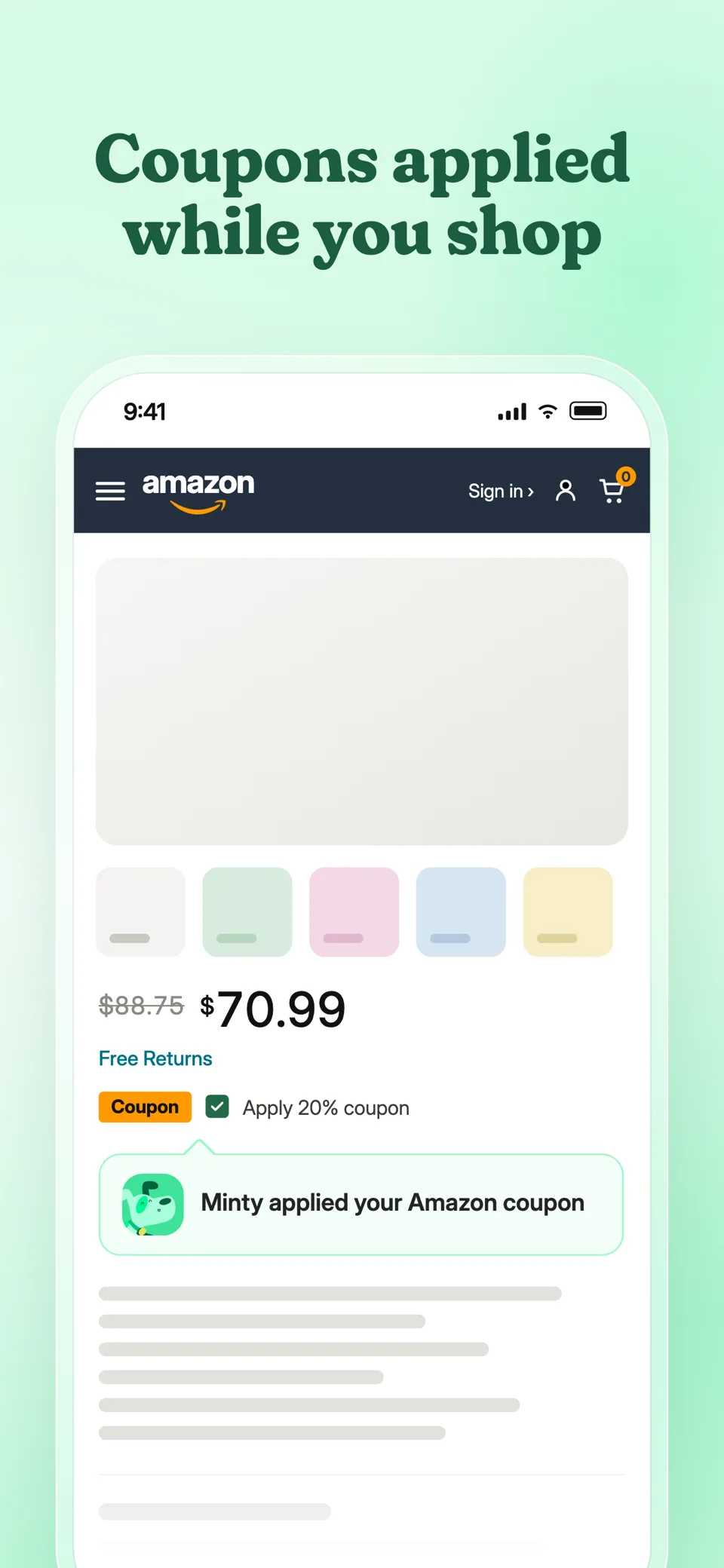 Minty applying an Amazon coupon at checkout