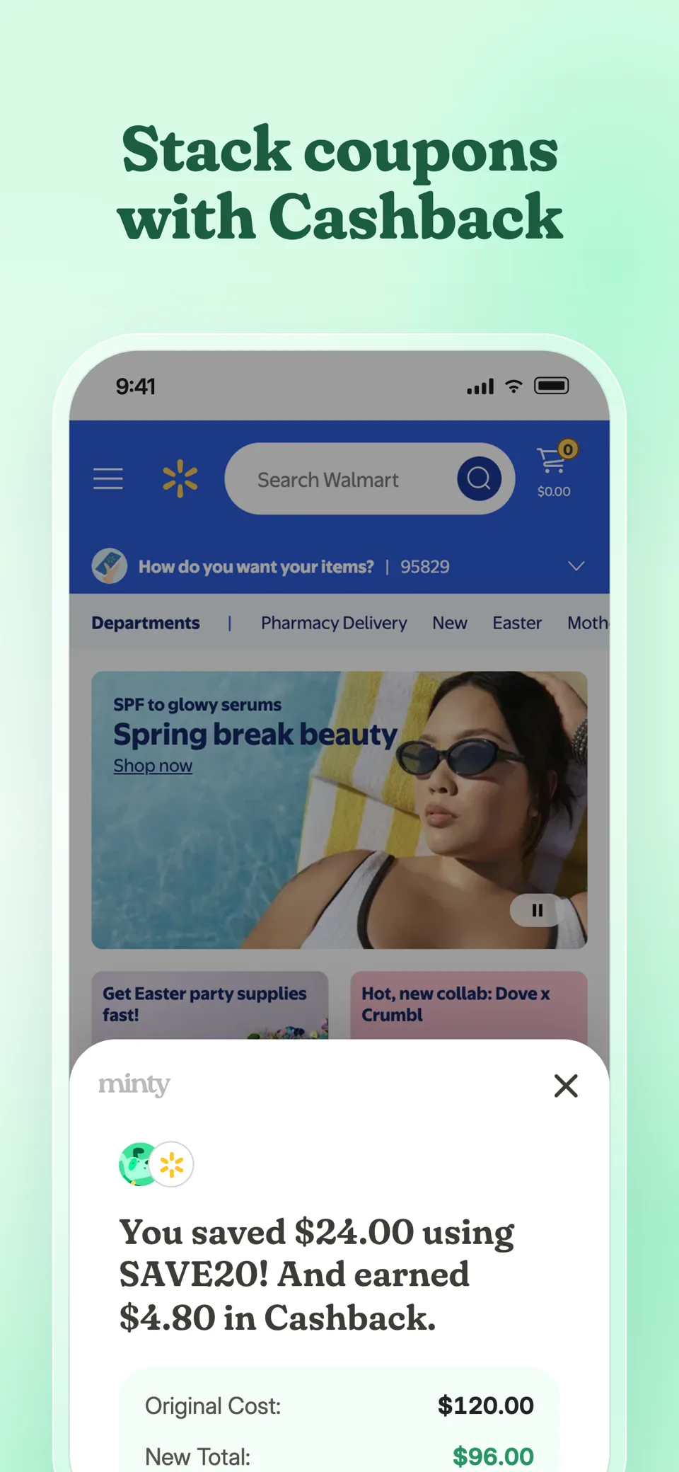 Minty savings popup after stacking a coupon with cashback at Walmart