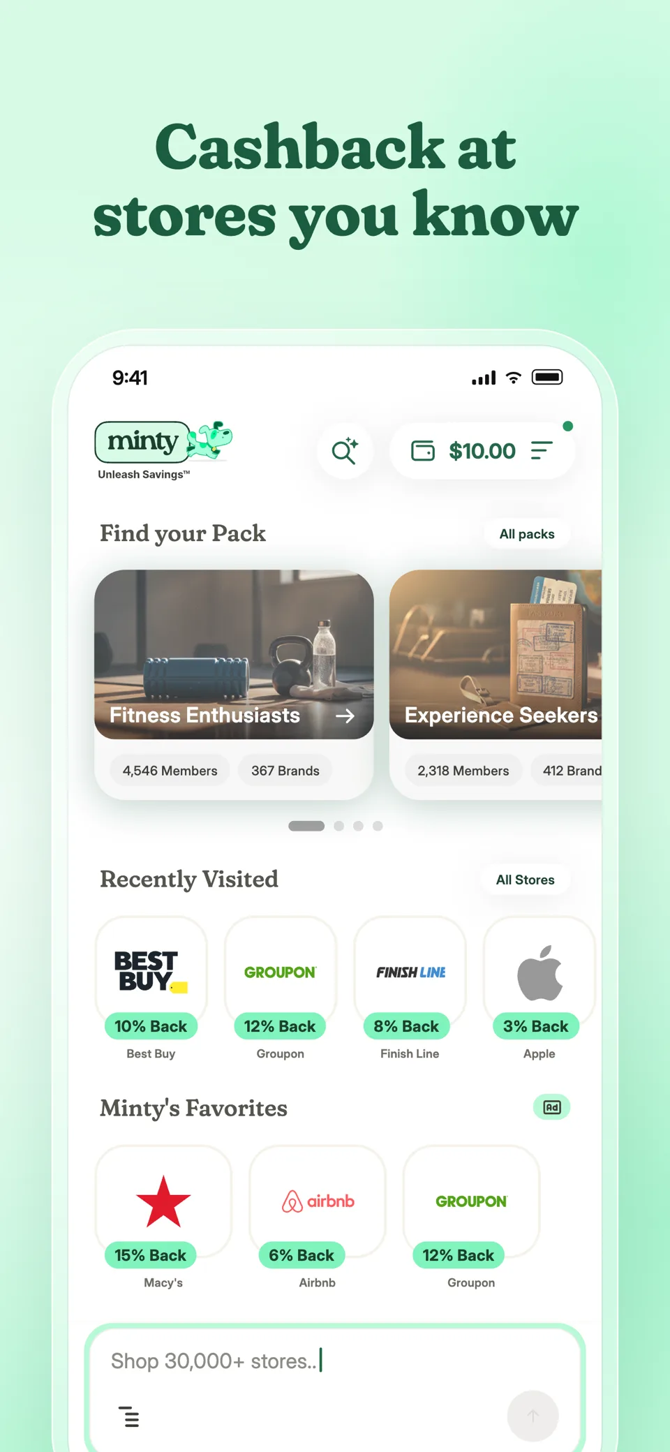 Minty store list with cashback rates for Best Buy, Groupon and others