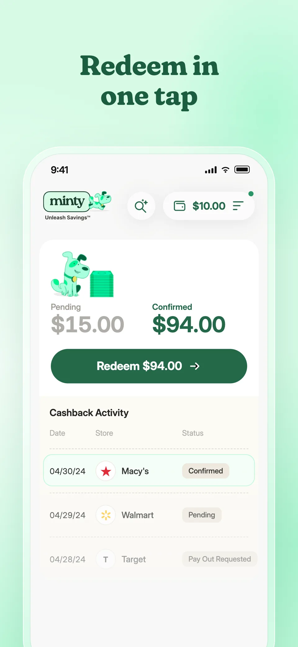 Minty cashback balance with one-tap redeem and activity history
