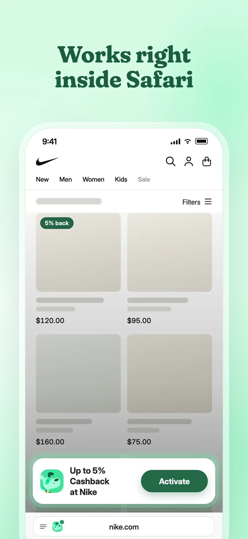 Minty cashback activation banner inside Safari at Nike