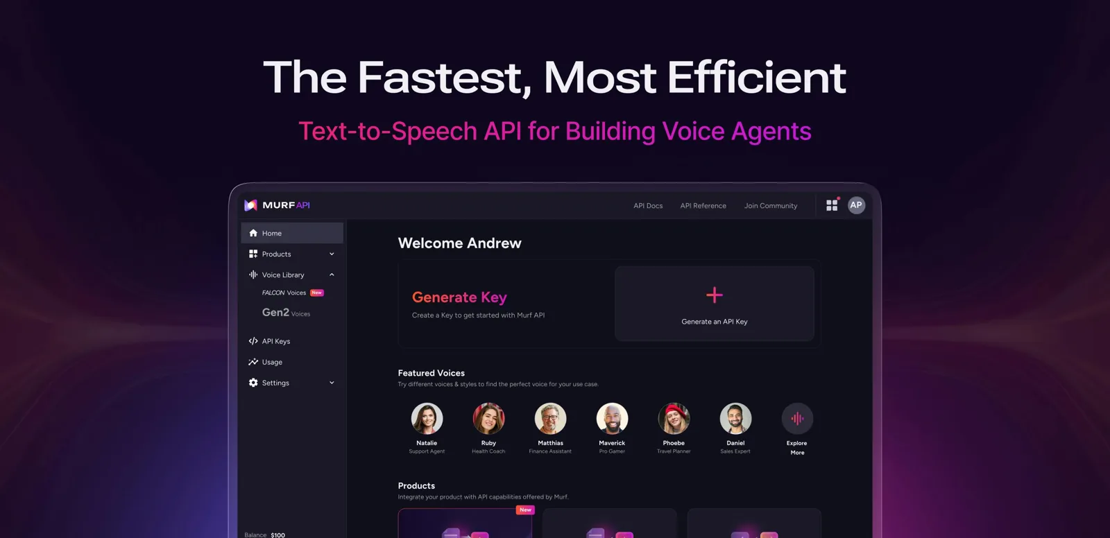 Murf text-to-speech API dashboard with voice selection