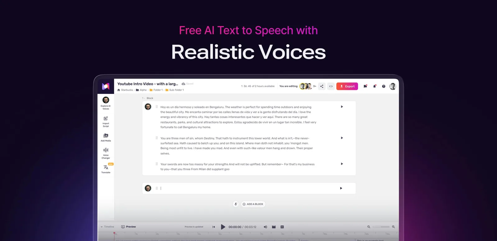 Murf studio text-to-speech editor with script and voice controls
