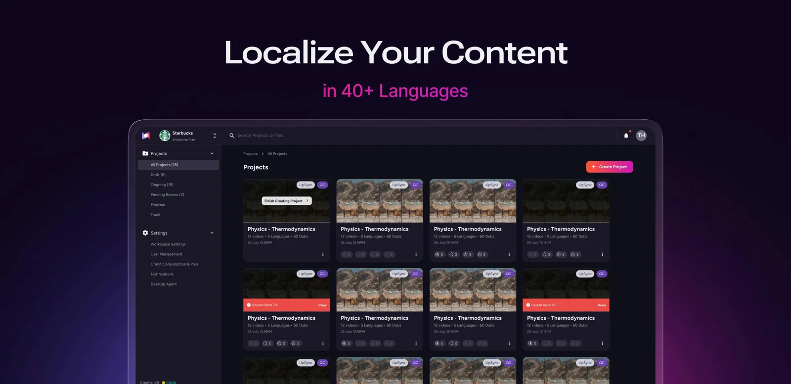 Murf localization workspace with projects in 40 plus languages