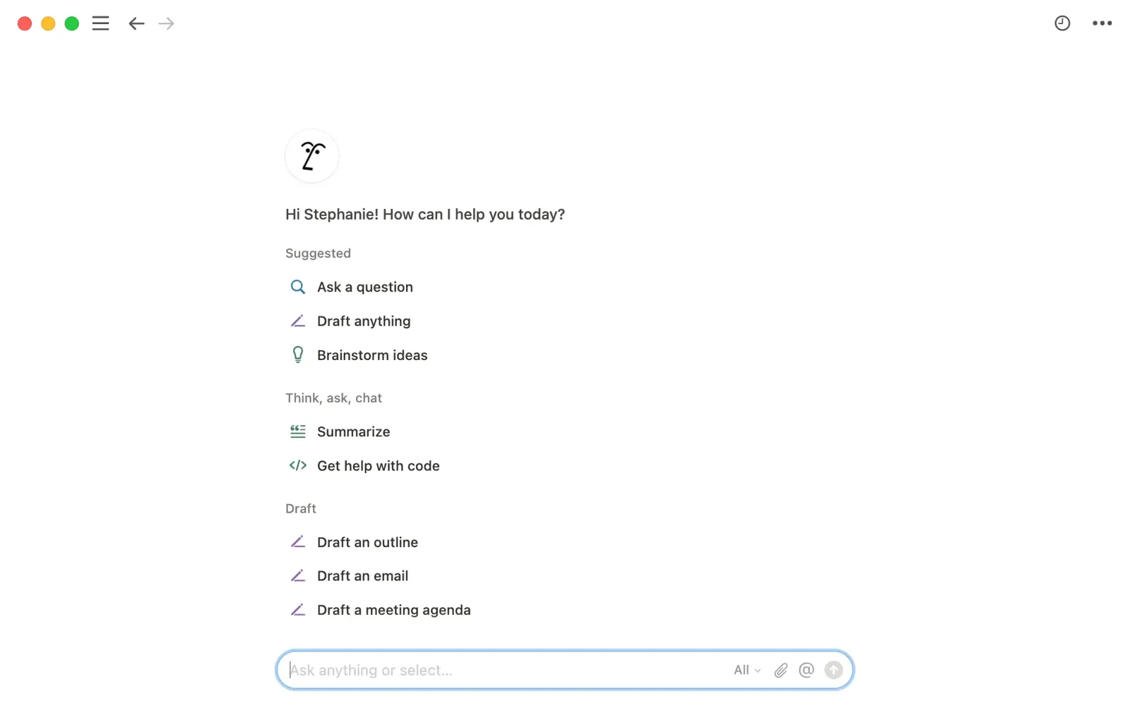 Notion AI chat home with ask, draft and summarize suggestions