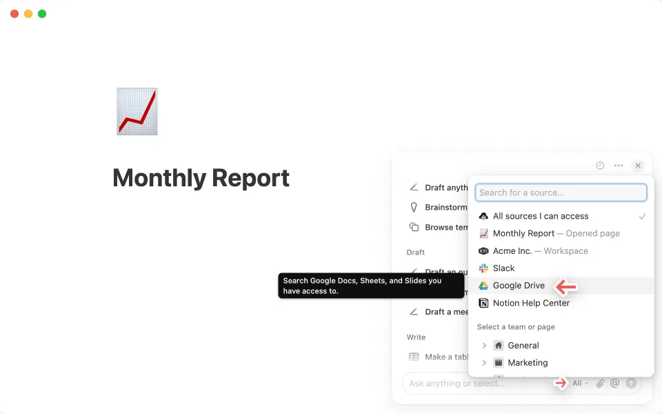 Notion AI source picker including Google Drive in a monthly report