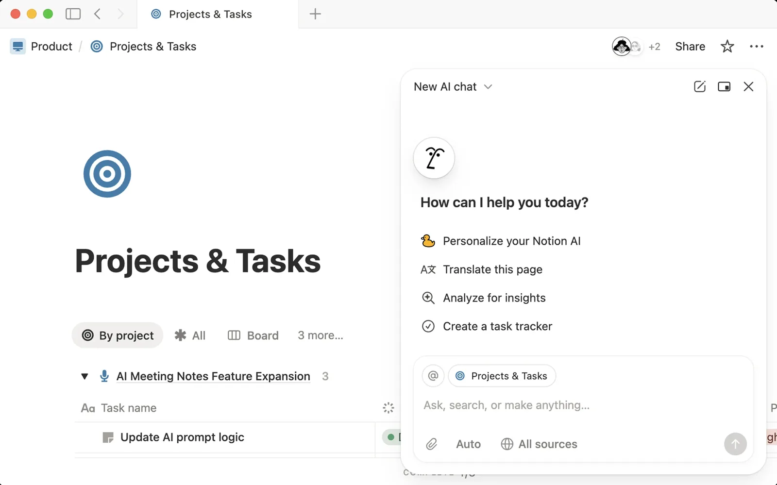 Notion AI side chat with personalize, translate and analyze options