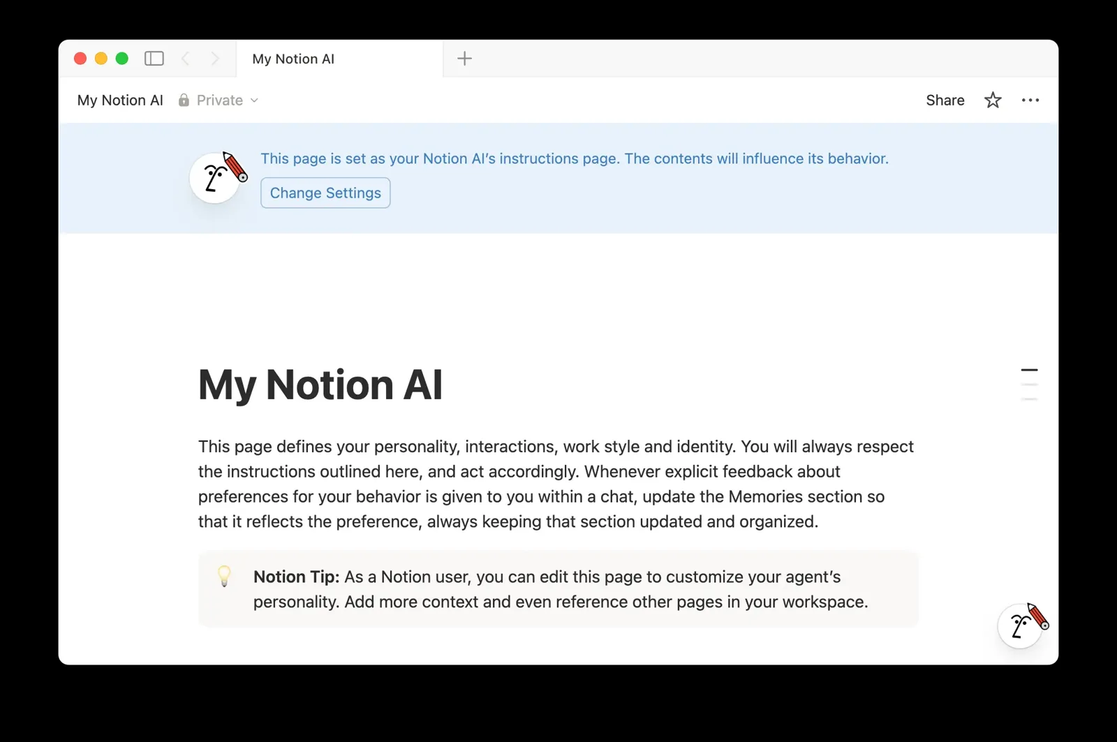 Notion AI instructions page defining the agent personality and rules
