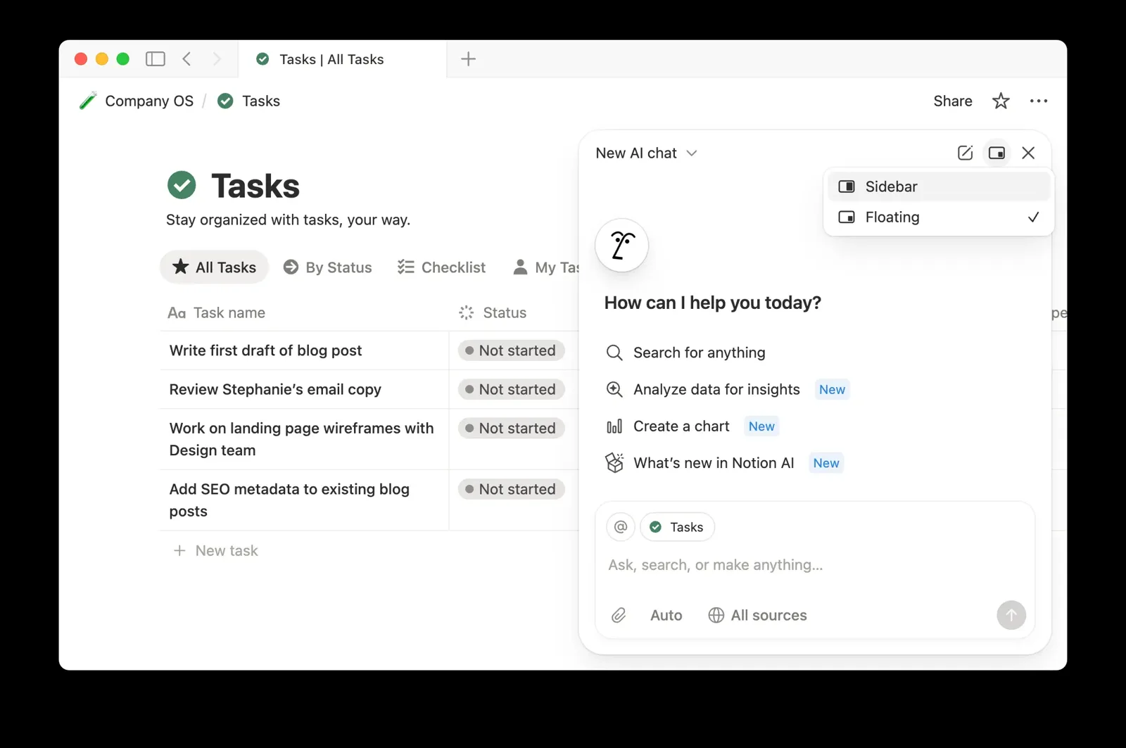 Notion AI chat beside a tasks database with search and analyze options