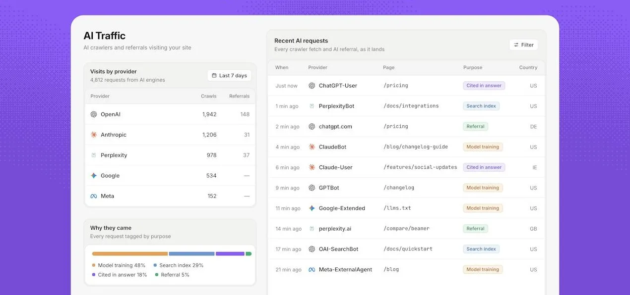 Notra AI Traffic view with visits by provider and recent AI requests