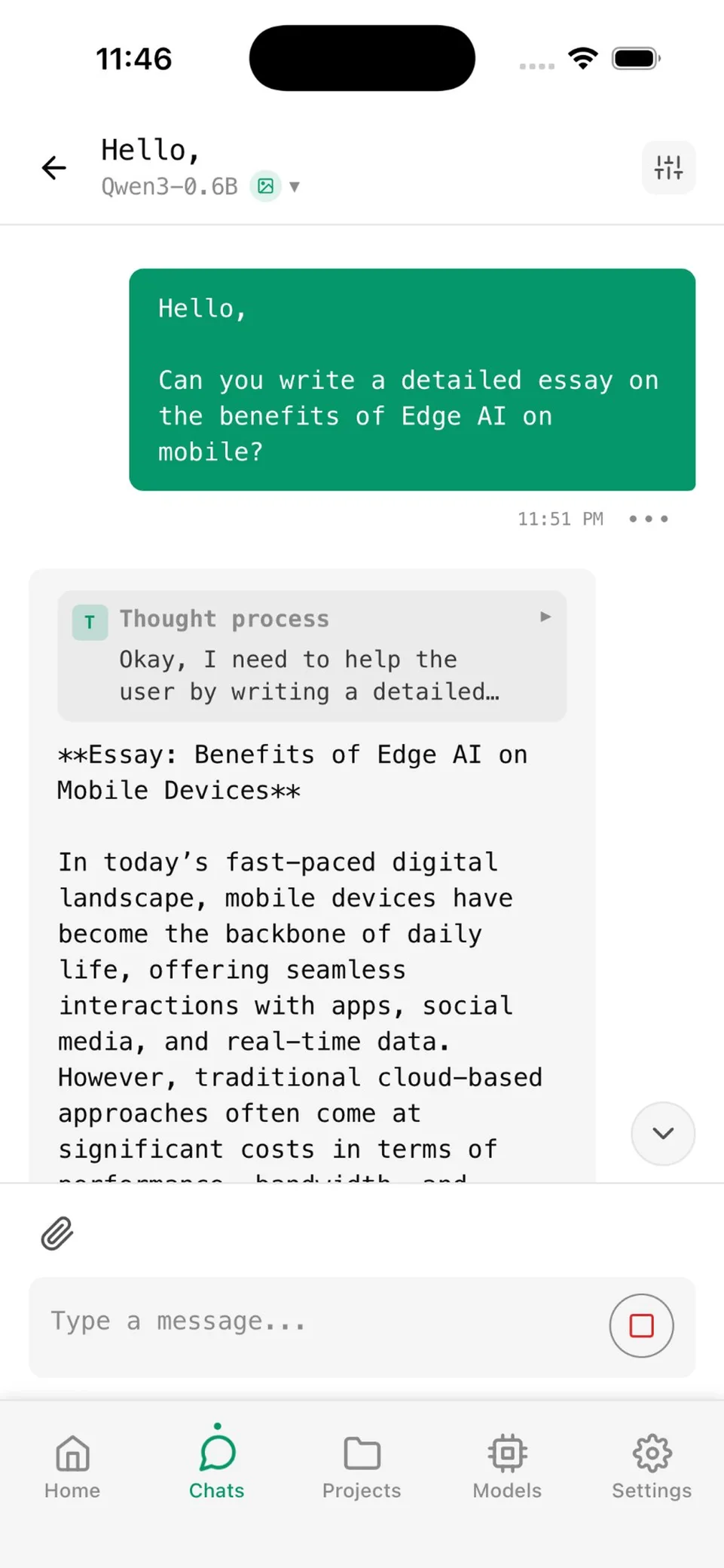 Off Grid AI on-device chat answering an essay question