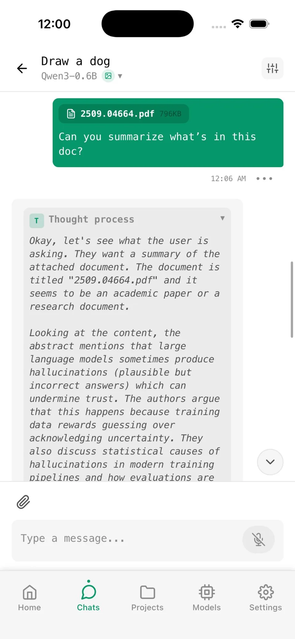 Off Grid AI summarizing an attached PDF document