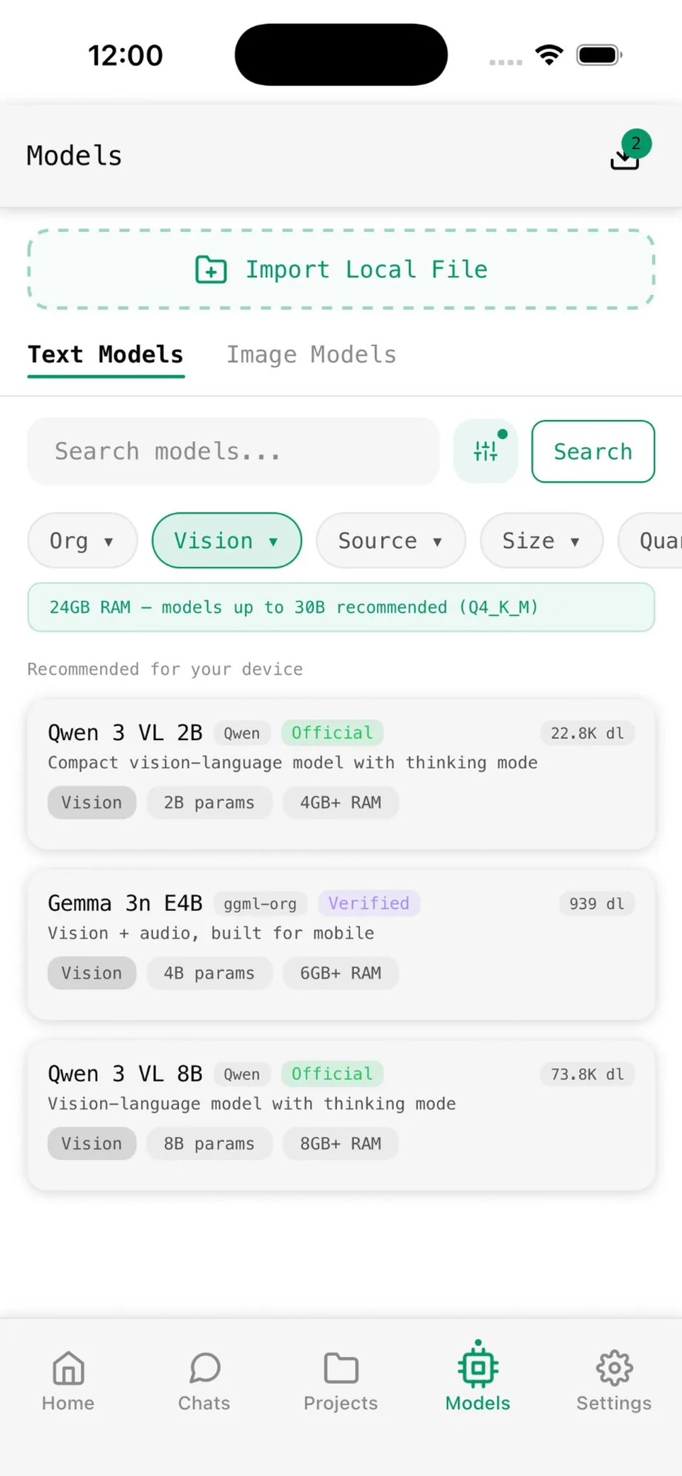 Off Grid AI on-device text model download list