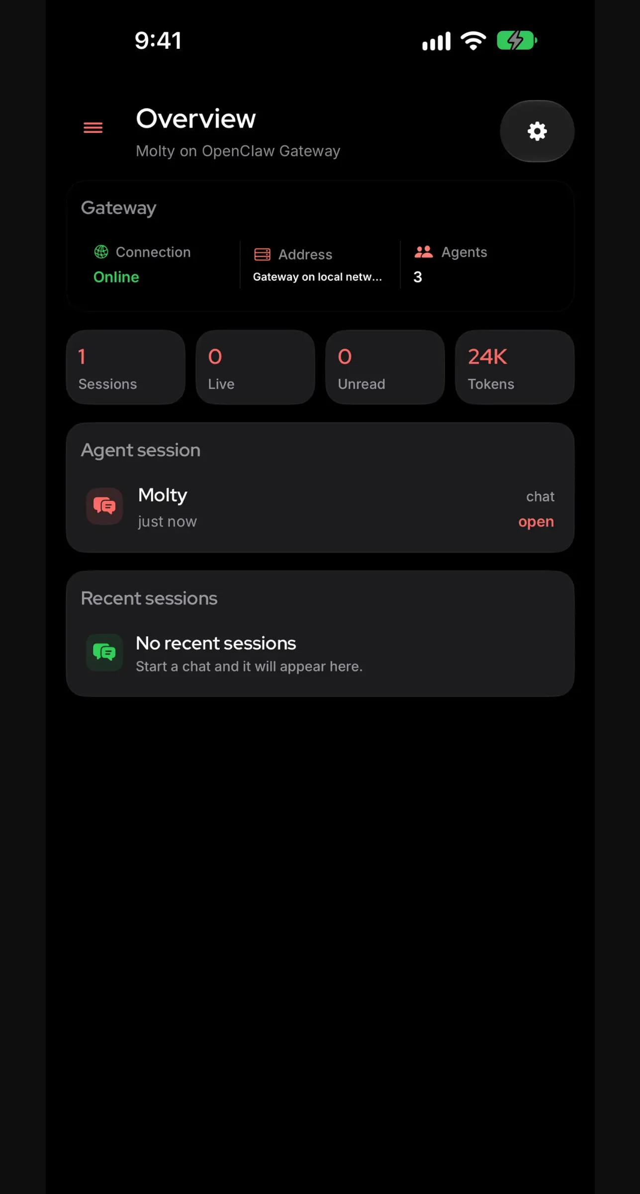 OpenClaw app overview — Gateway connected