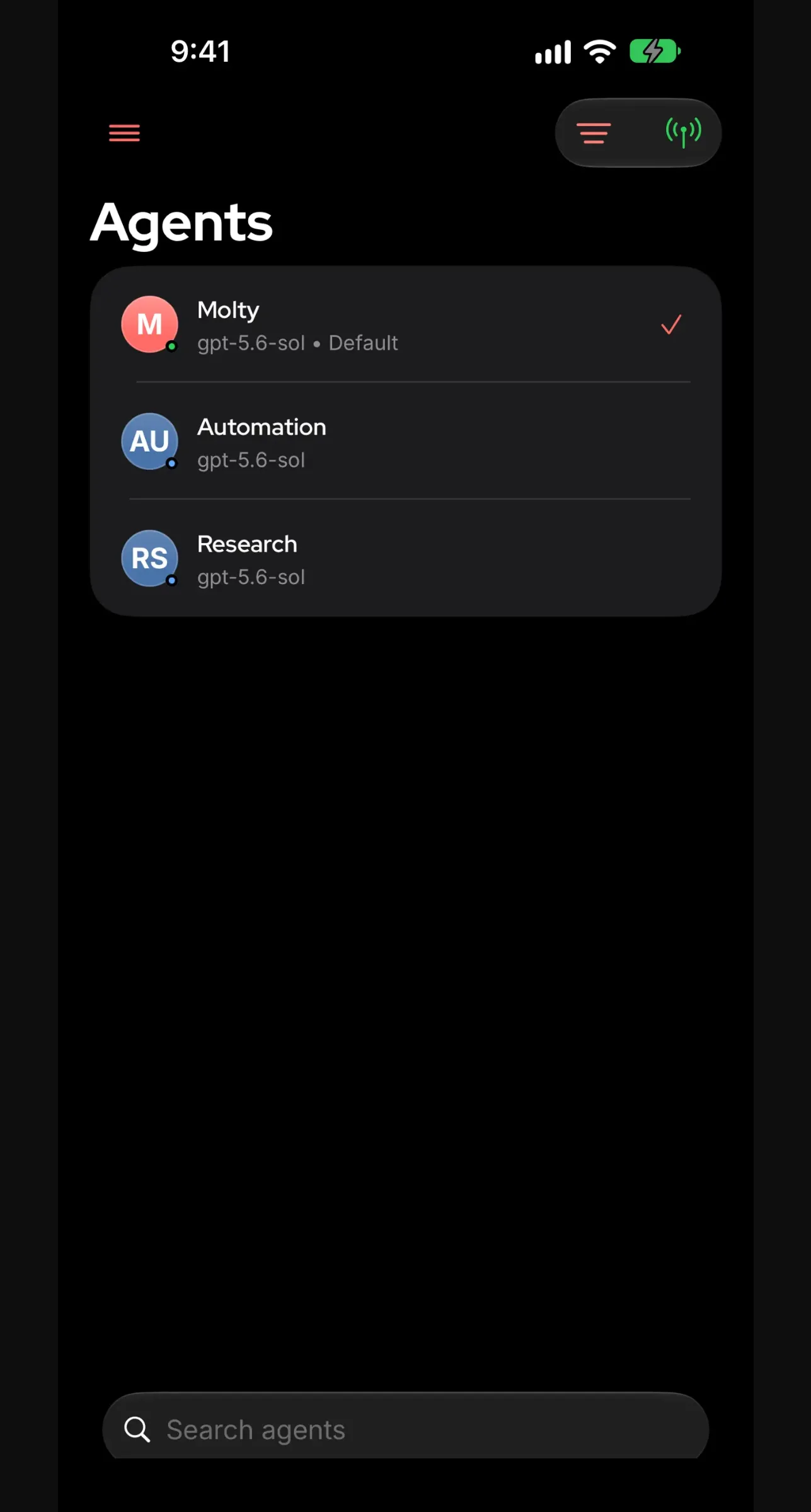 OpenClaw app agents list