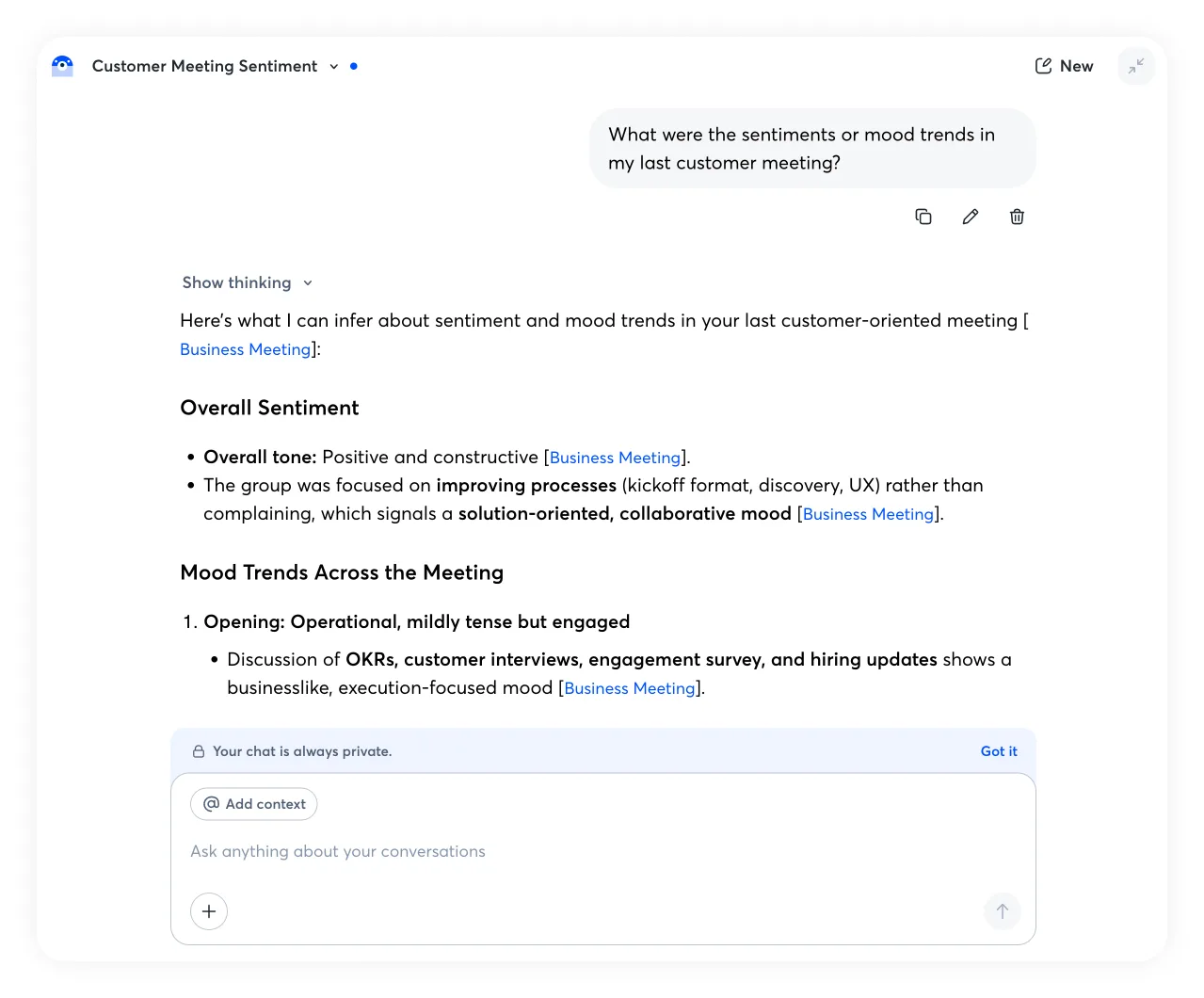 Otter AI Chat answering meeting sentiment questions with cited sources