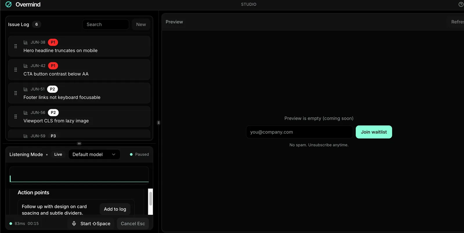 Overmind console Issue Log with trace preview and action points