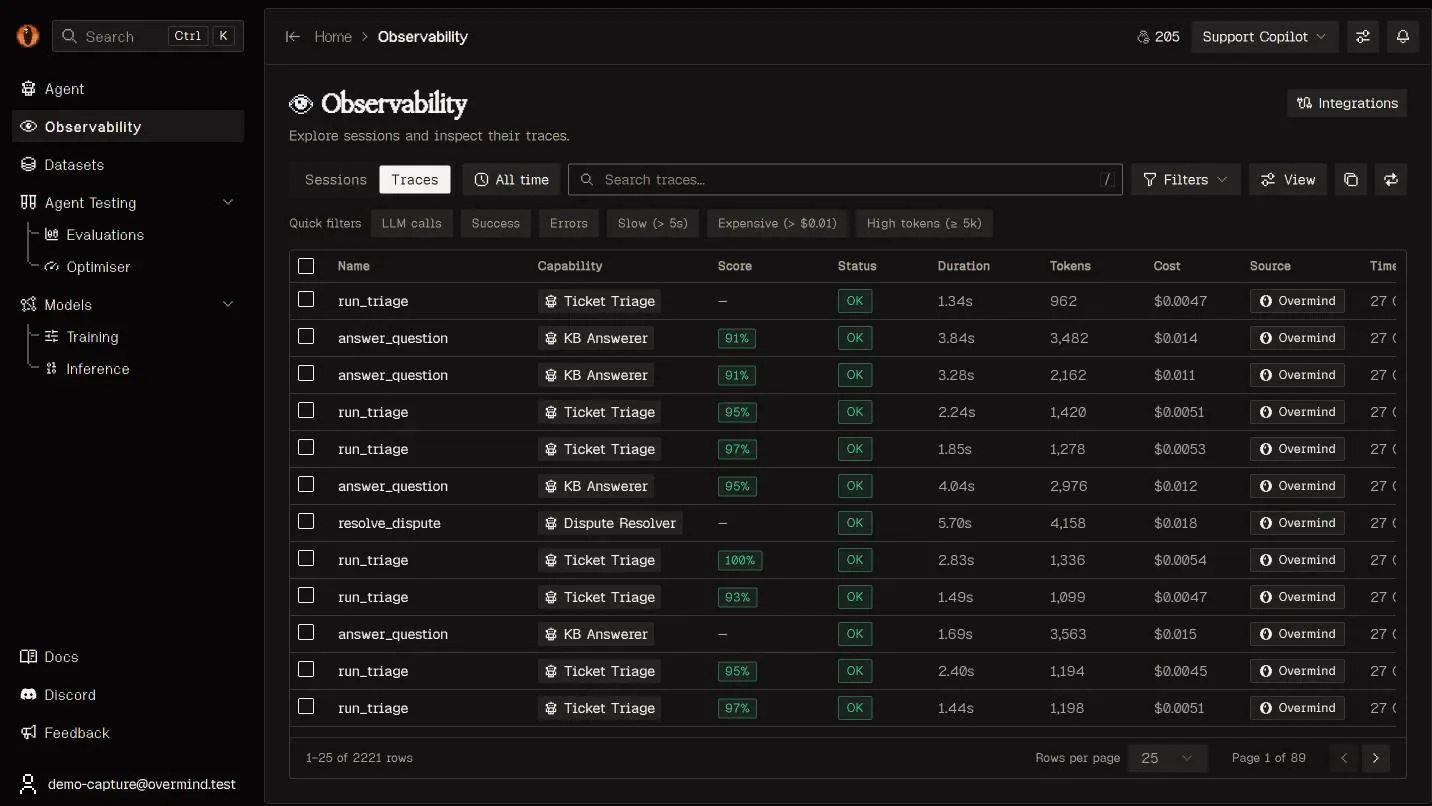 Overmind Observability trace list with scores and costs