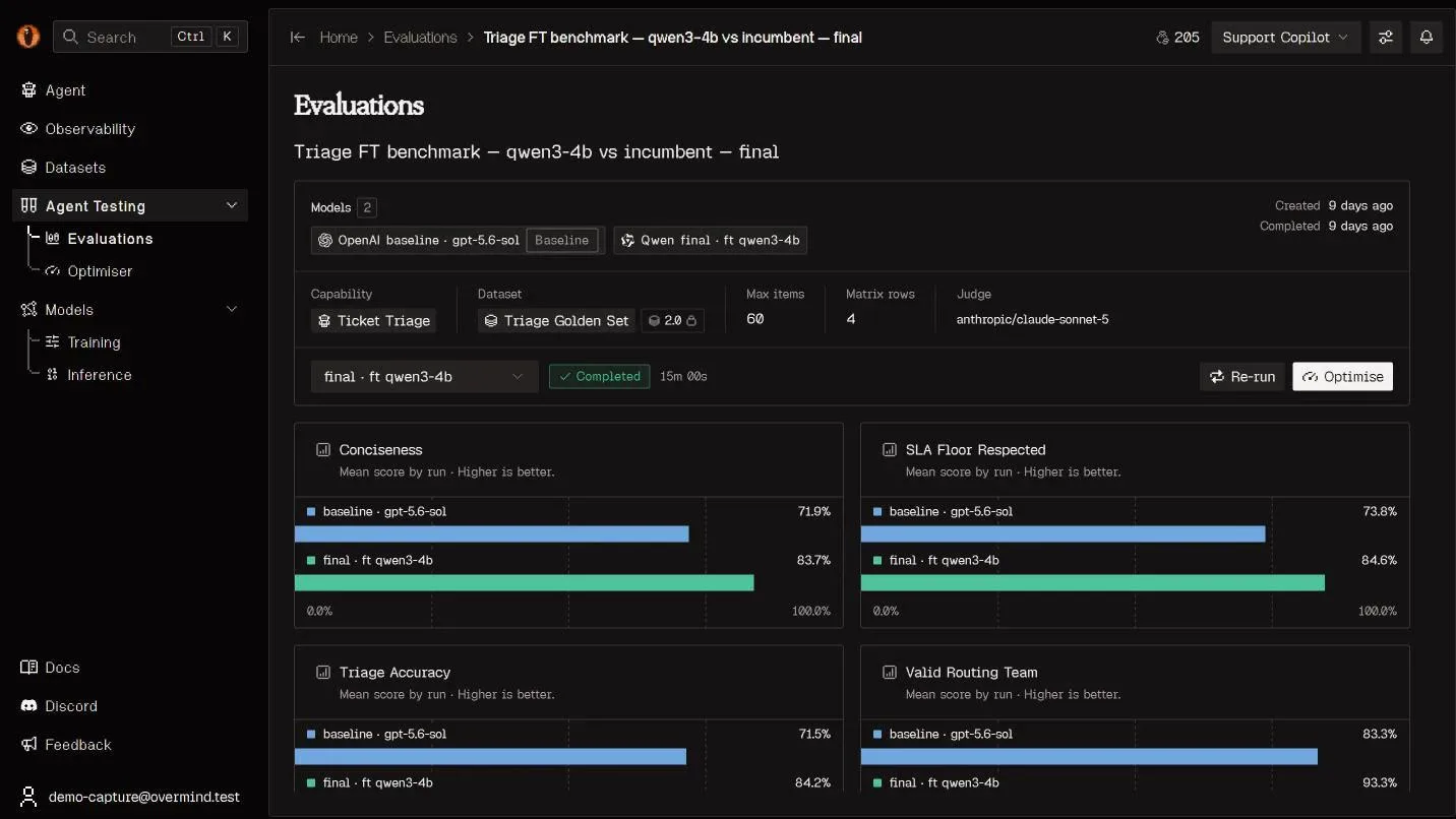 Overmind evaluation benchmark comparing model runs