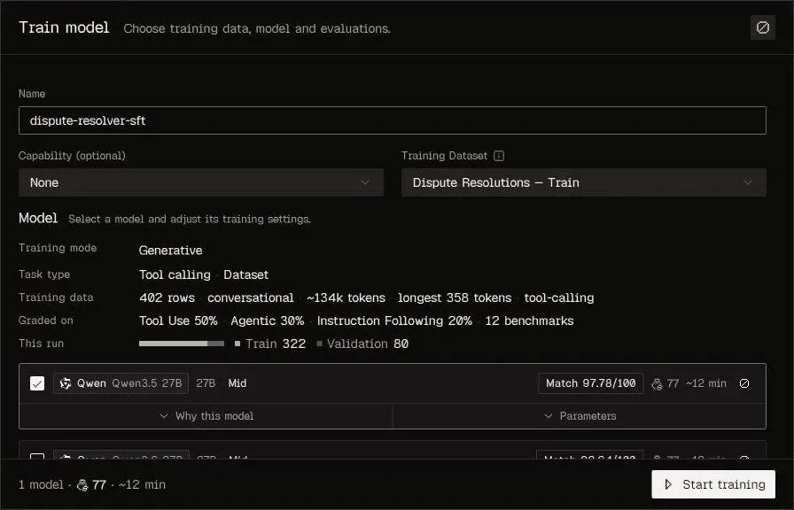 Overmind Train model form with dataset and model settings