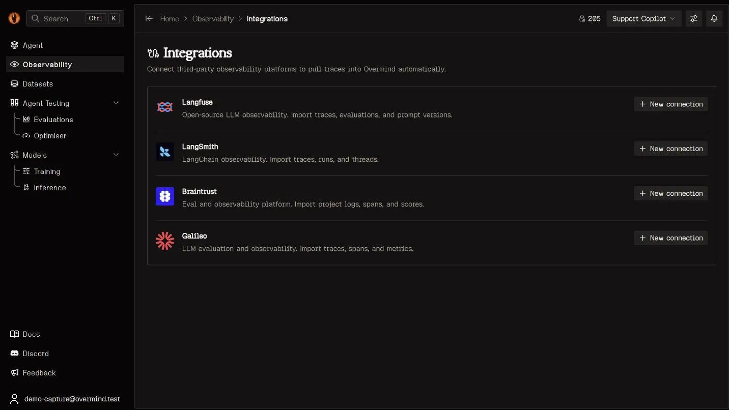 Overmind Integrations list for observability platforms