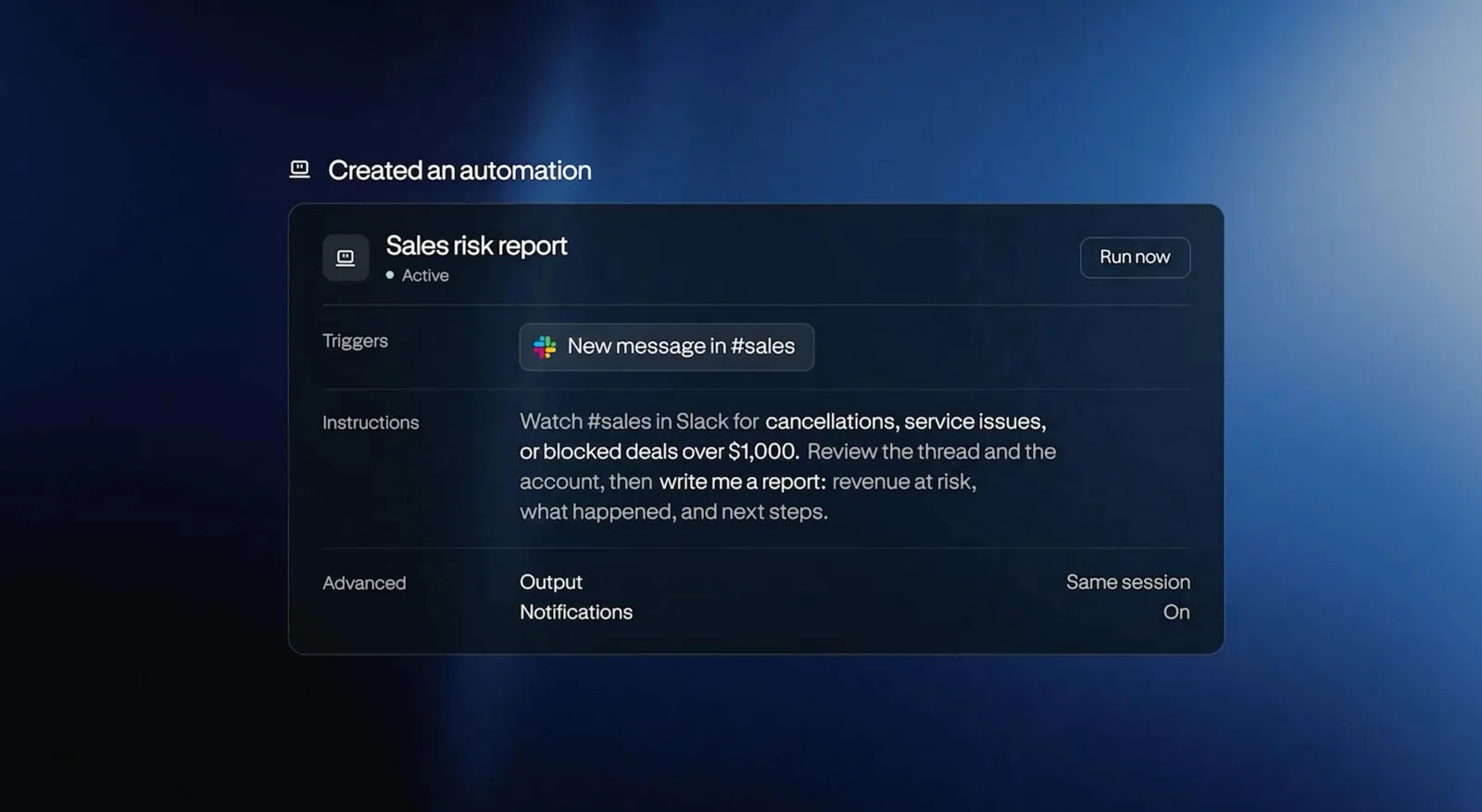 Perplexity automation builder for a sales risk report