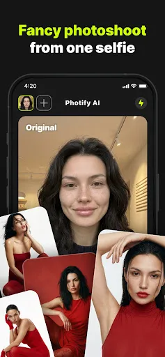 Photify AI red-dress photoshoot generated from one selfie (Play store listing)