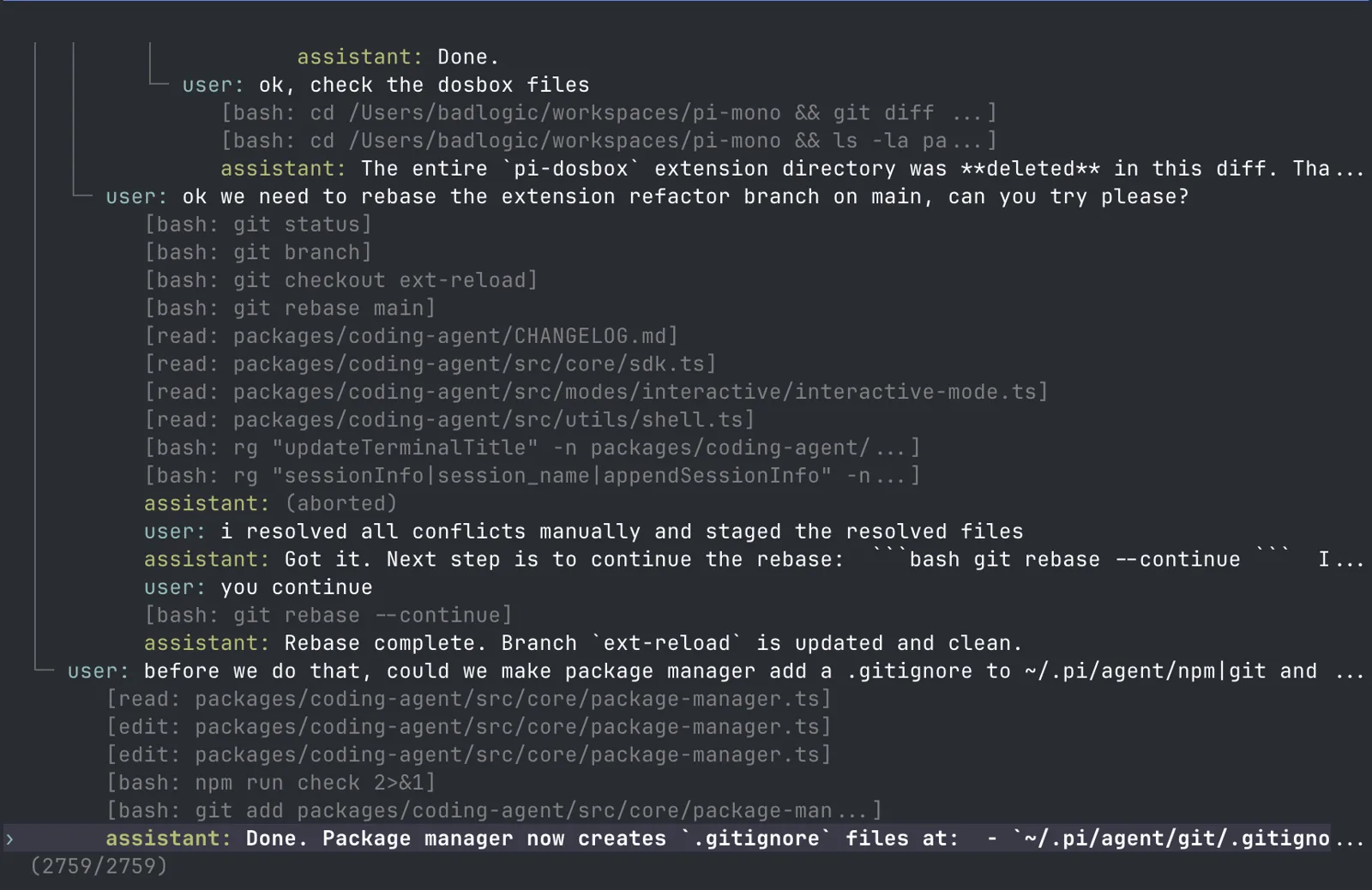 Pi terminal session tree with git rebase tool calls