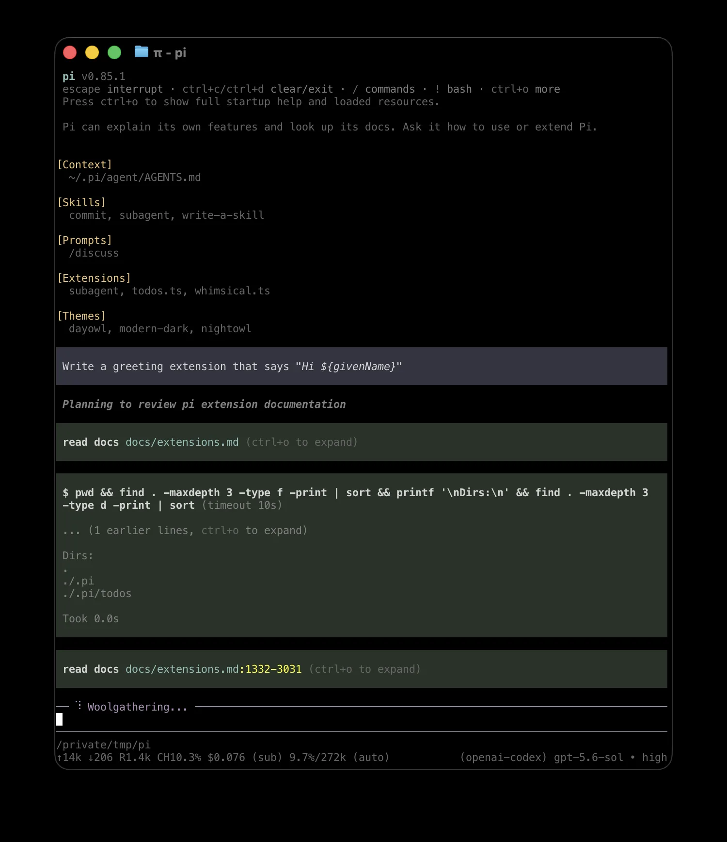 Pi interactive terminal with instruction input and tool execution records