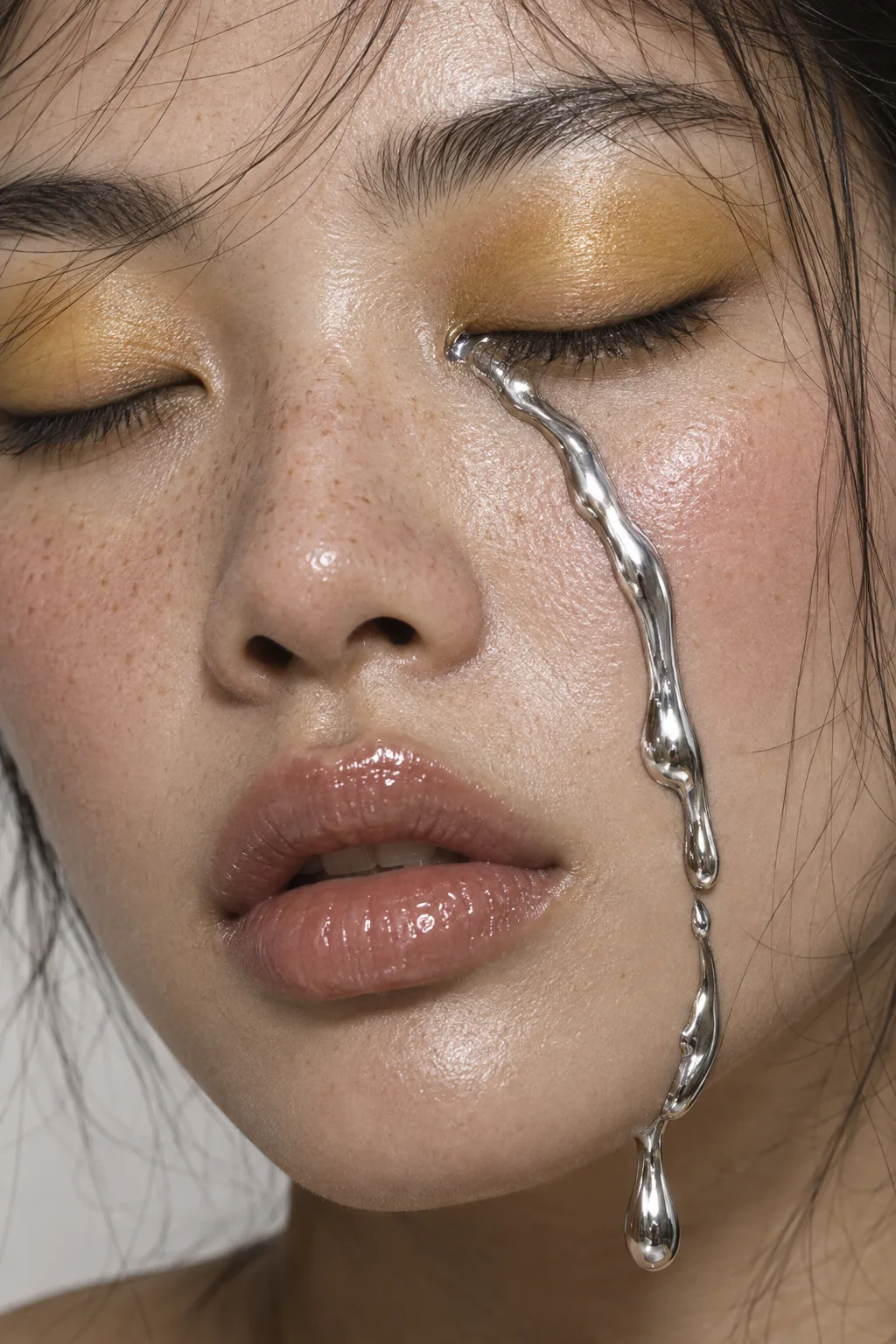 Pika generated frame: surreal portrait with liquid silver tear