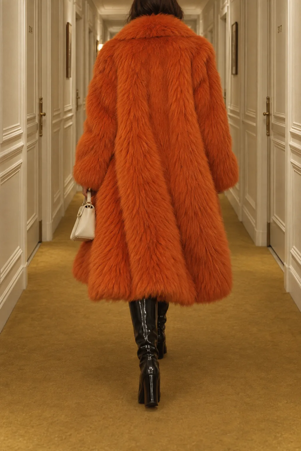 Pika generated frame: woman in orange fur coat walking a hotel corridor