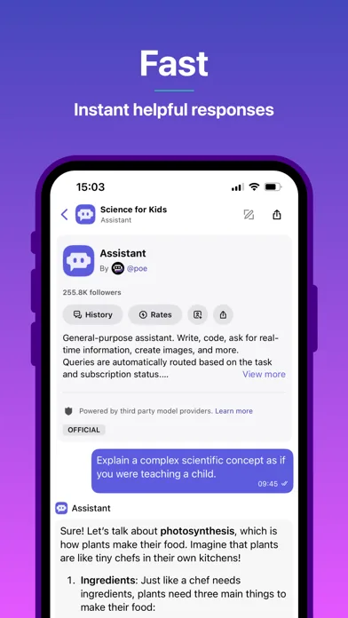 Poe Assistant bot answering a science question for kids