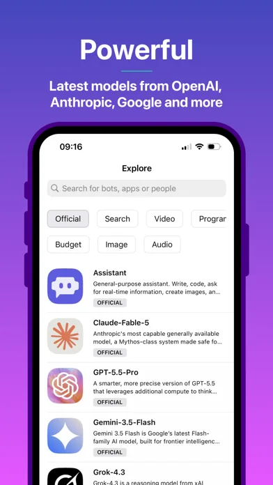 Poe Explore page listing official models and bots