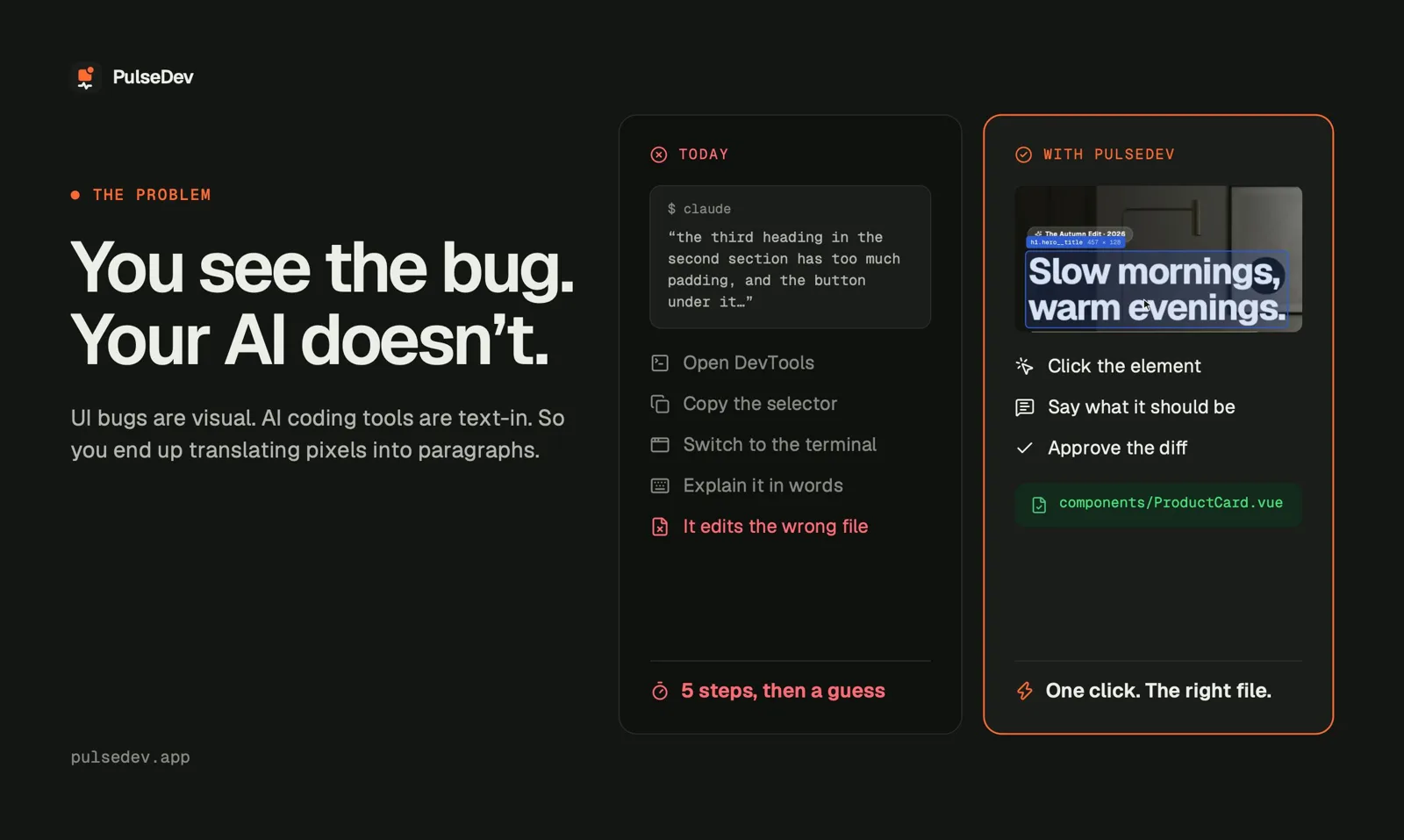 PulseDev panel showing the bug report flow on a demo shop