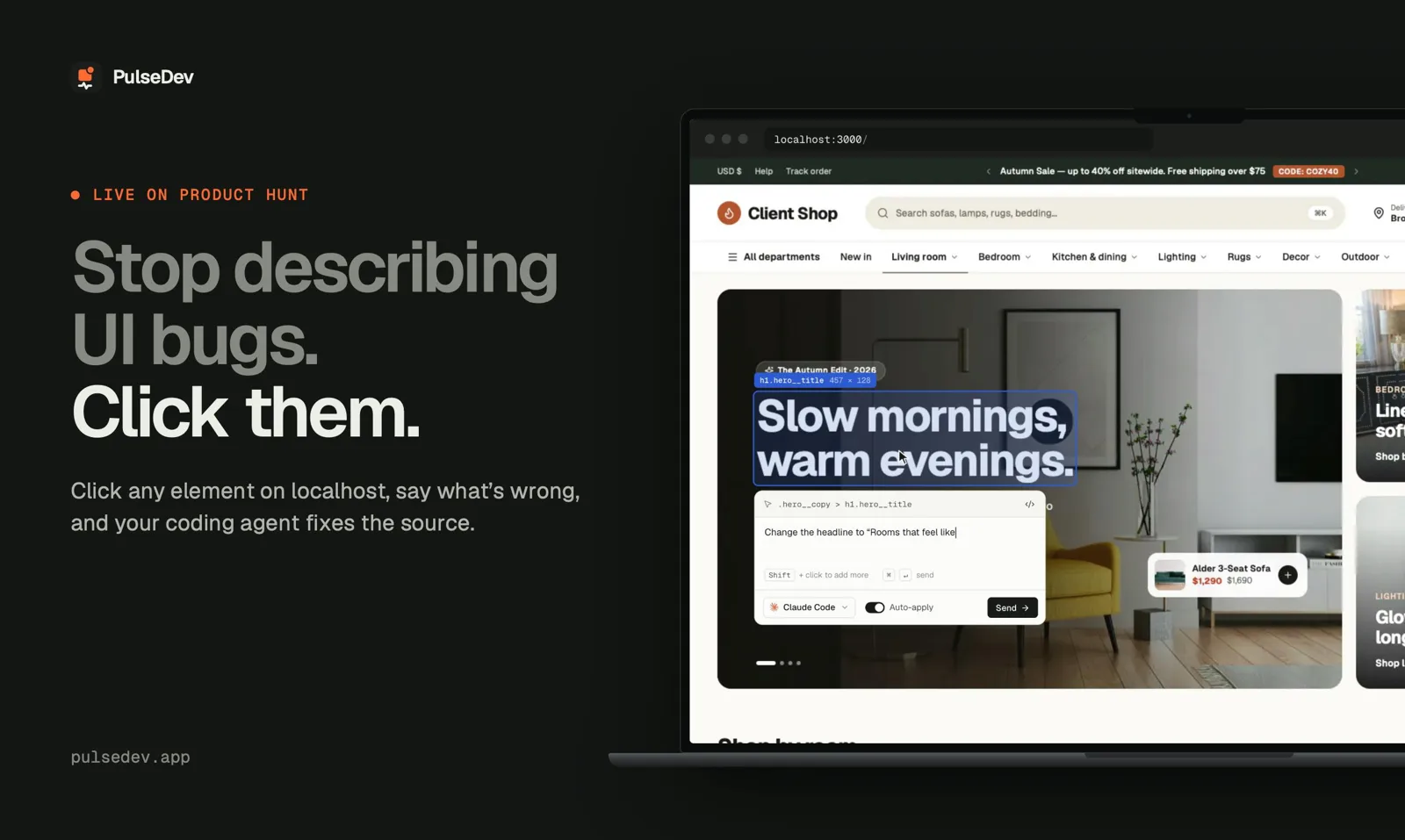 PulseDev diff review panel on a demo shop page