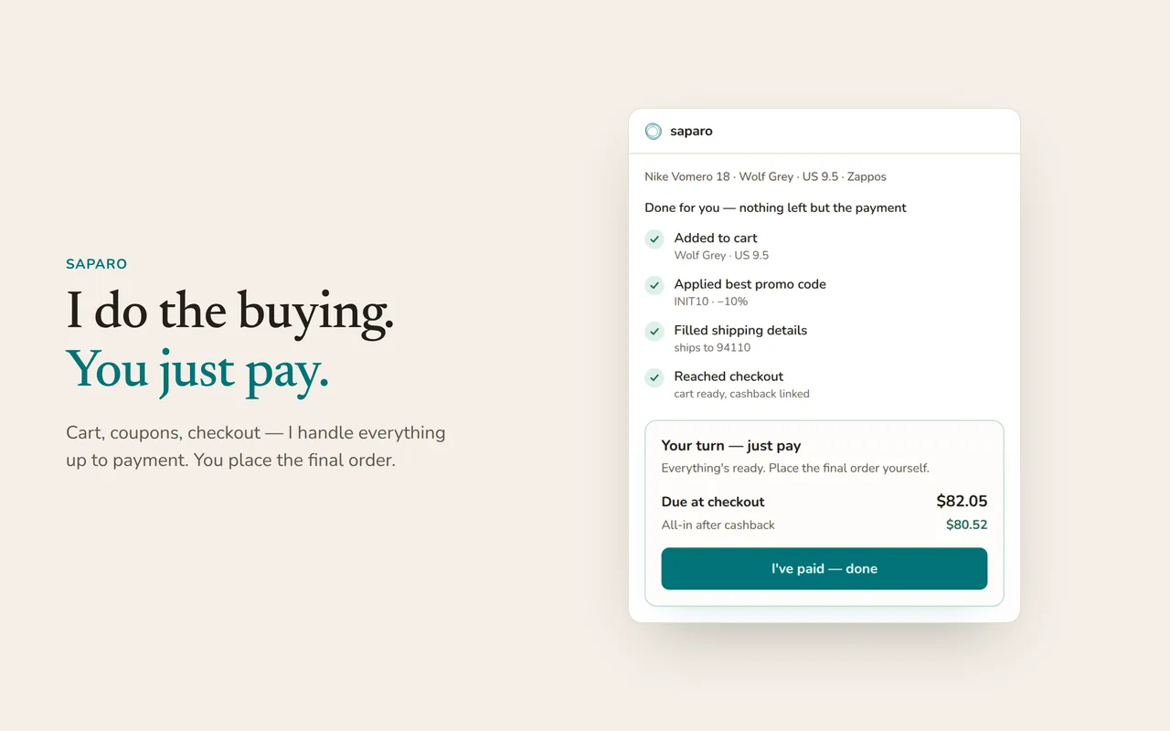 Saparo buying checklist: cart, promo code, shipping and checkout steps ticked off, ready to pay