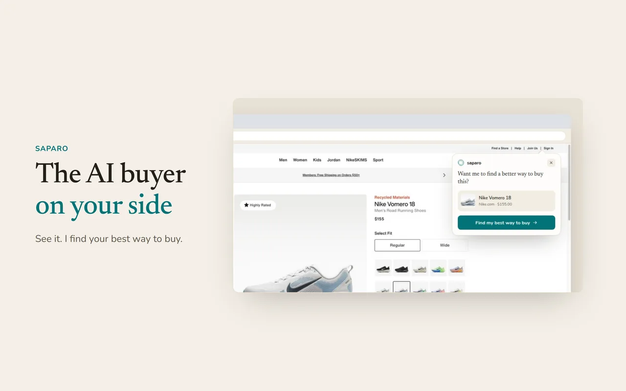 Saparo extension panel beside a retailer page: the AI buyer finding the best way to buy