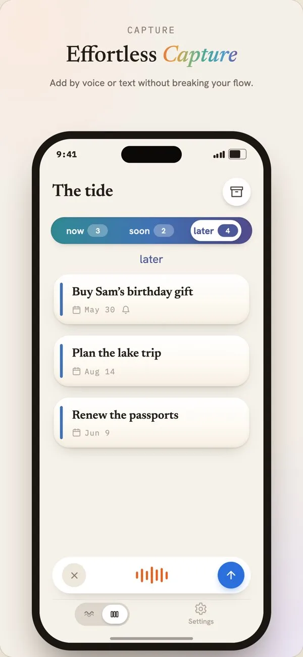 Savor app: Now, Soon and Later lanes with intention cards and voice capture bar