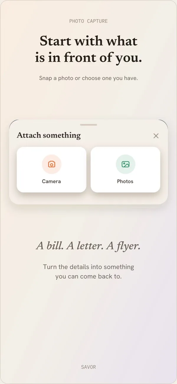 Savor photo capture: attach a photo from camera or library to turn a bill or flyer into a card