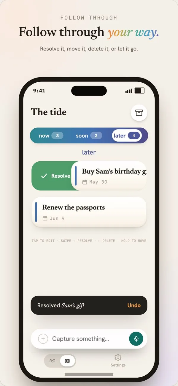 Savor follow-through: resolving a card, with an Undo snackbar after resolving Sam's gift