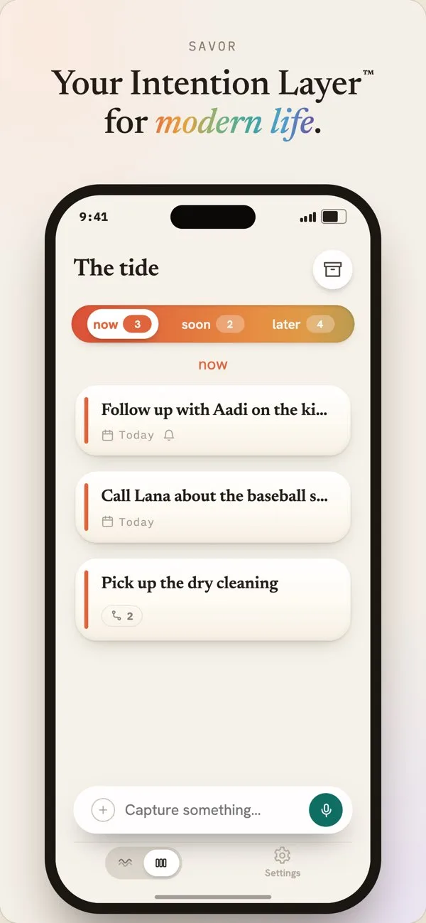 Savor Now lane: follow up, call and errand cards in the calm intention list