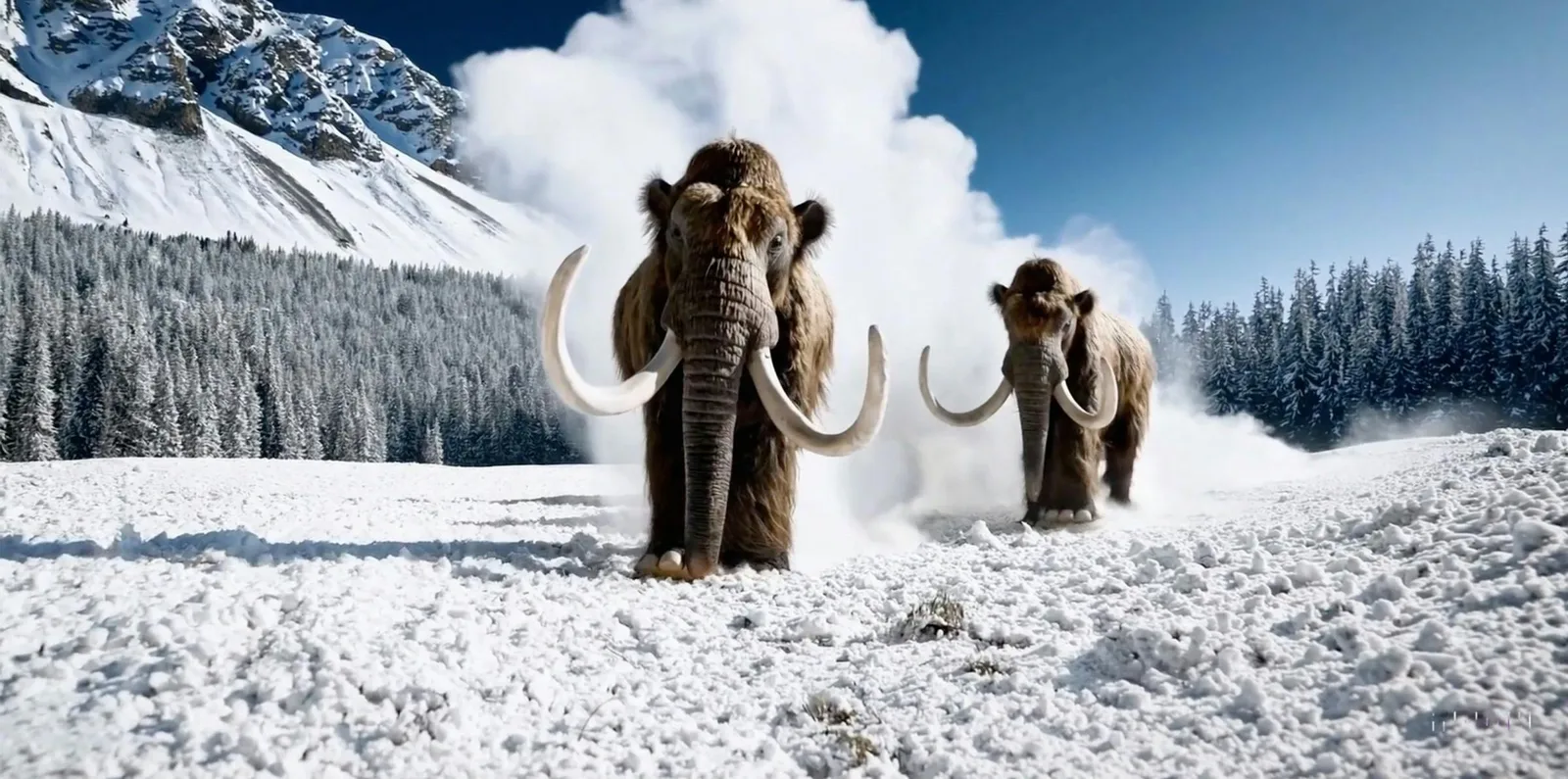Sora-generated video still: woolly mammoths walking through snow