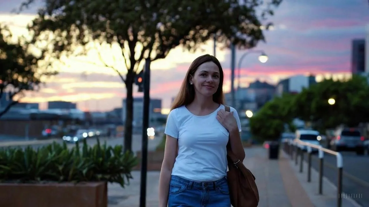 Sora-generated video still: woman walking down a city street at sunset