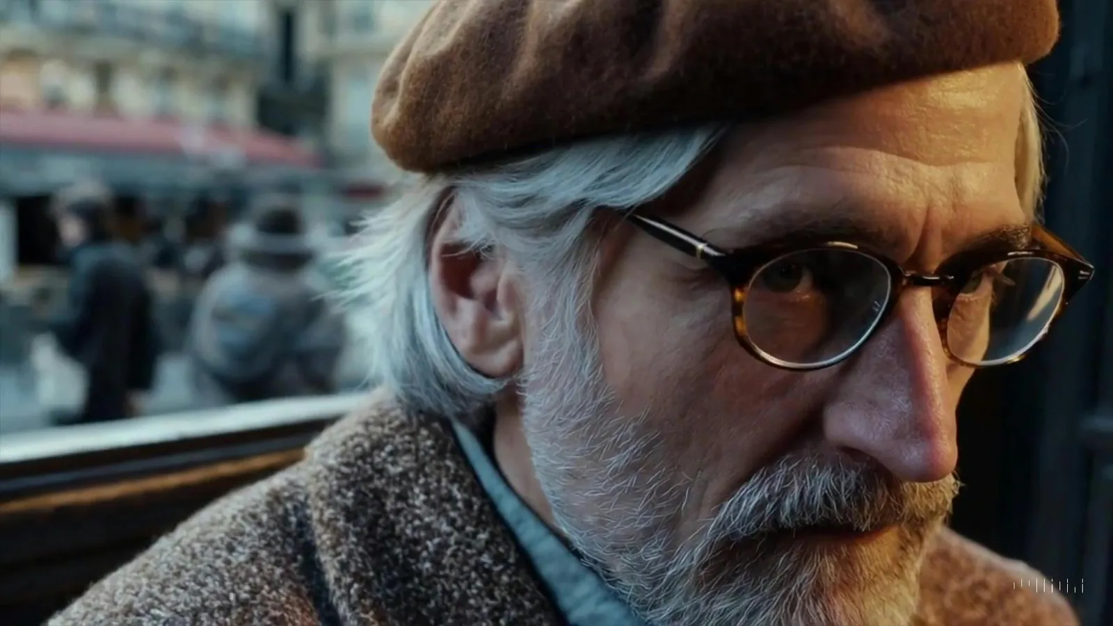 Sora-generated video still: close-up portrait of an older man in a beret