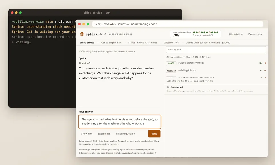 Sphinx check with the user's answer filled in, awaiting review