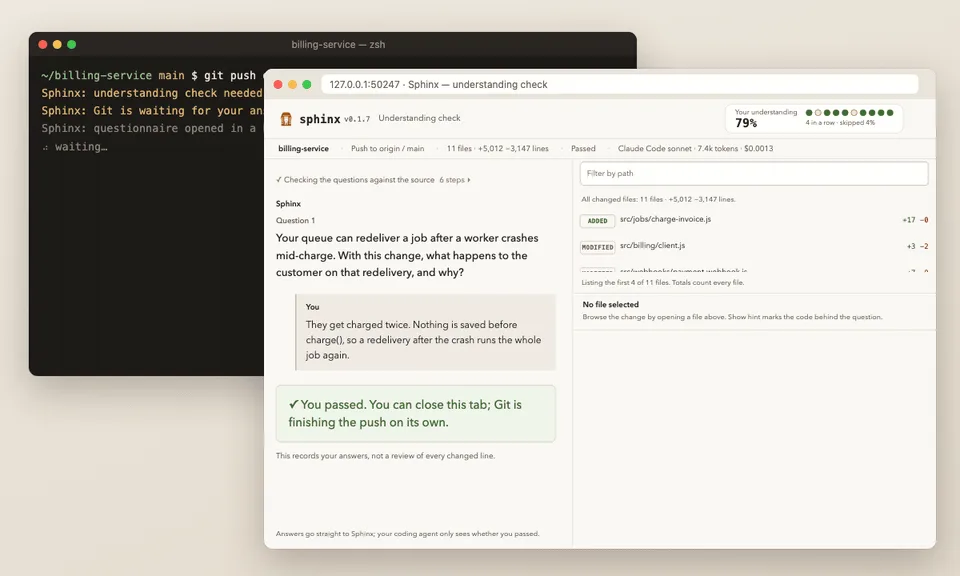 Sphinx check passed: feedback banner confirming the push can continue